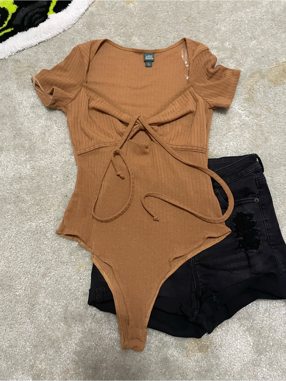 wild fable Ribbed Short Sleeve Tie Bodysuit